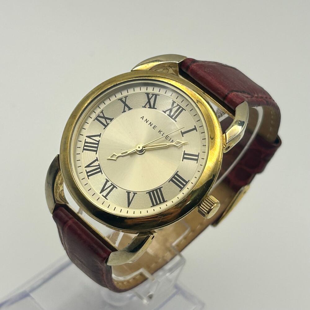 Anne Klein Gold Tone Red Genuine Leather Roman Numerals Markers Women’s Watch